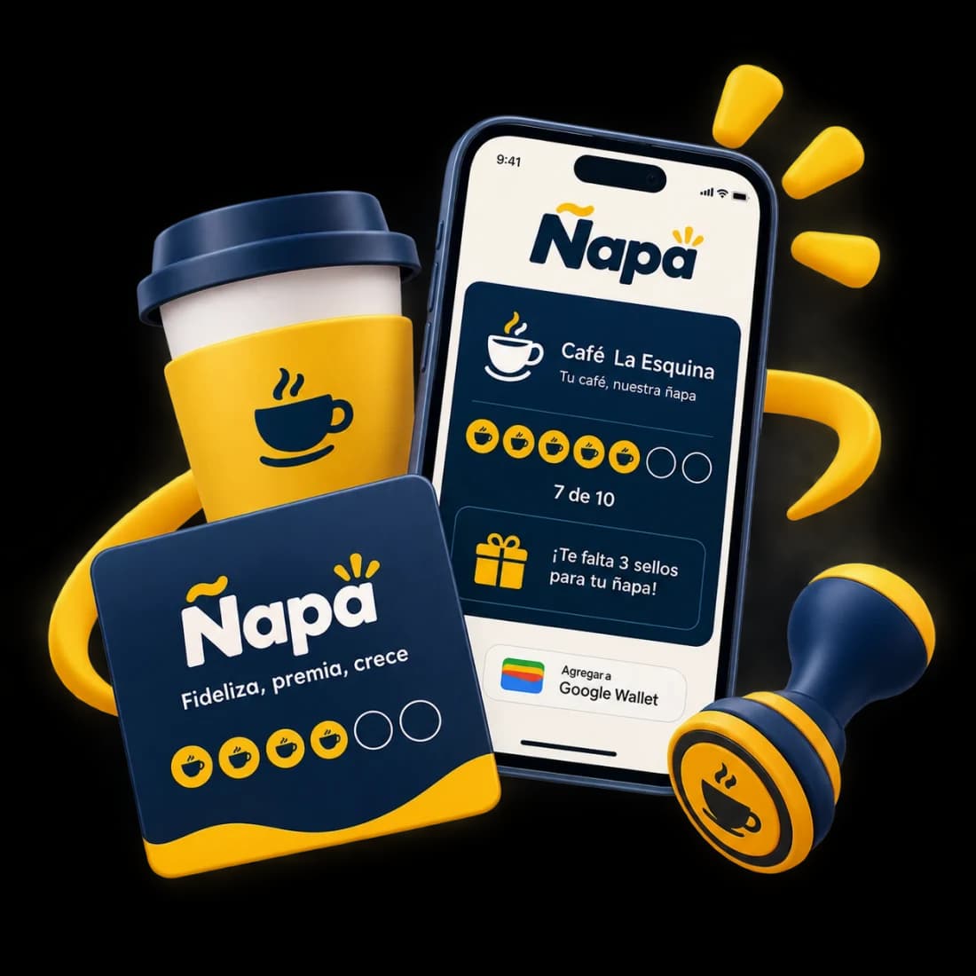 Vaso de café, celular con la tarjeta de sellos de Ñapa, tarjeta física y sello